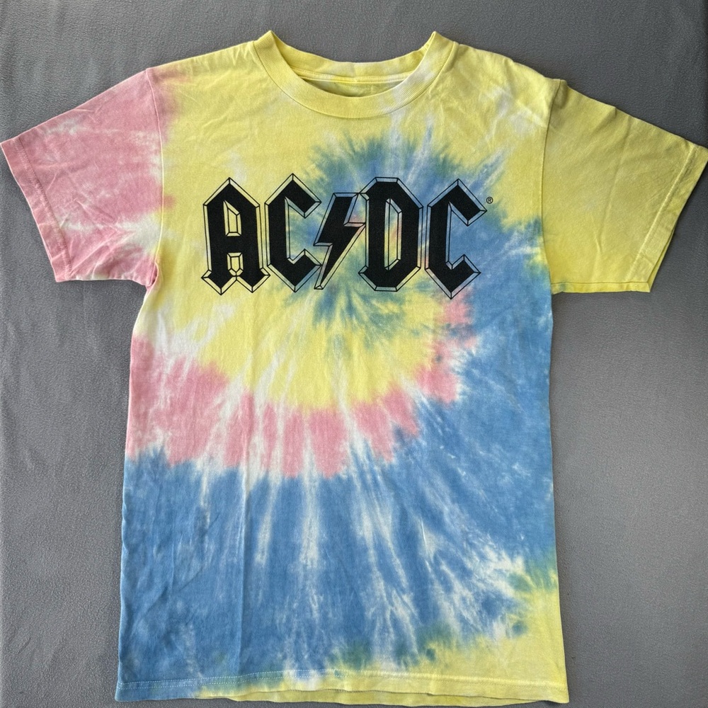 ACDC Multi Color Tye Dye Short Sleeve Crew Neck Concert Shirt Band Tee Small